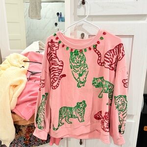 QUEEN OF SPARKLES Pink Top with Green and Red Embellishments